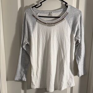 J. Crew Gray and White Long Sleeve Top with Embellished Neckline